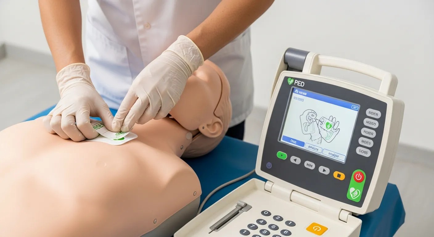 AED device with electrode pads being prepared for use during emergency response training