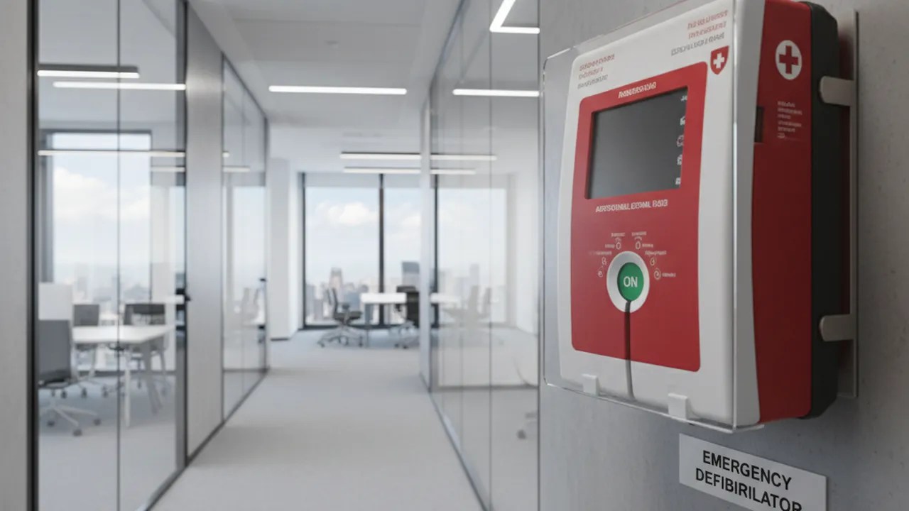 AED defibrillator device mounted in a wall cabinet in a modern office hallway for emergency cardiac arrest response