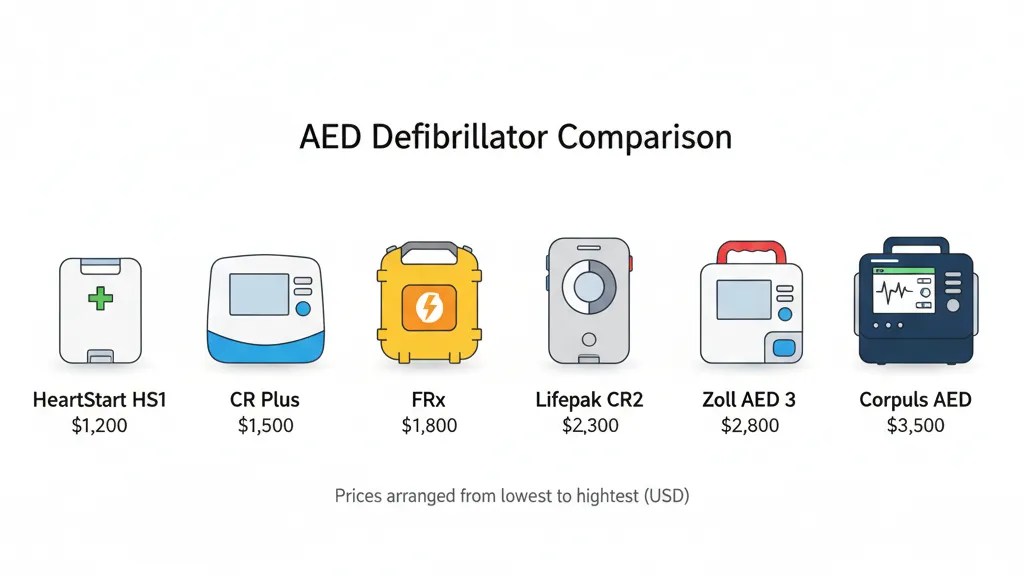 Comparison of AED defibrillator devices from six FDA-approved brands showing price tiers from budget to premium