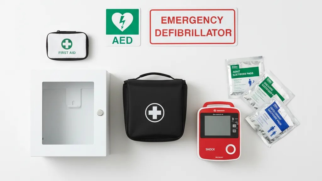 Complete AED value package showing all components including device, cabinet, carry case, first aid kit, and signage