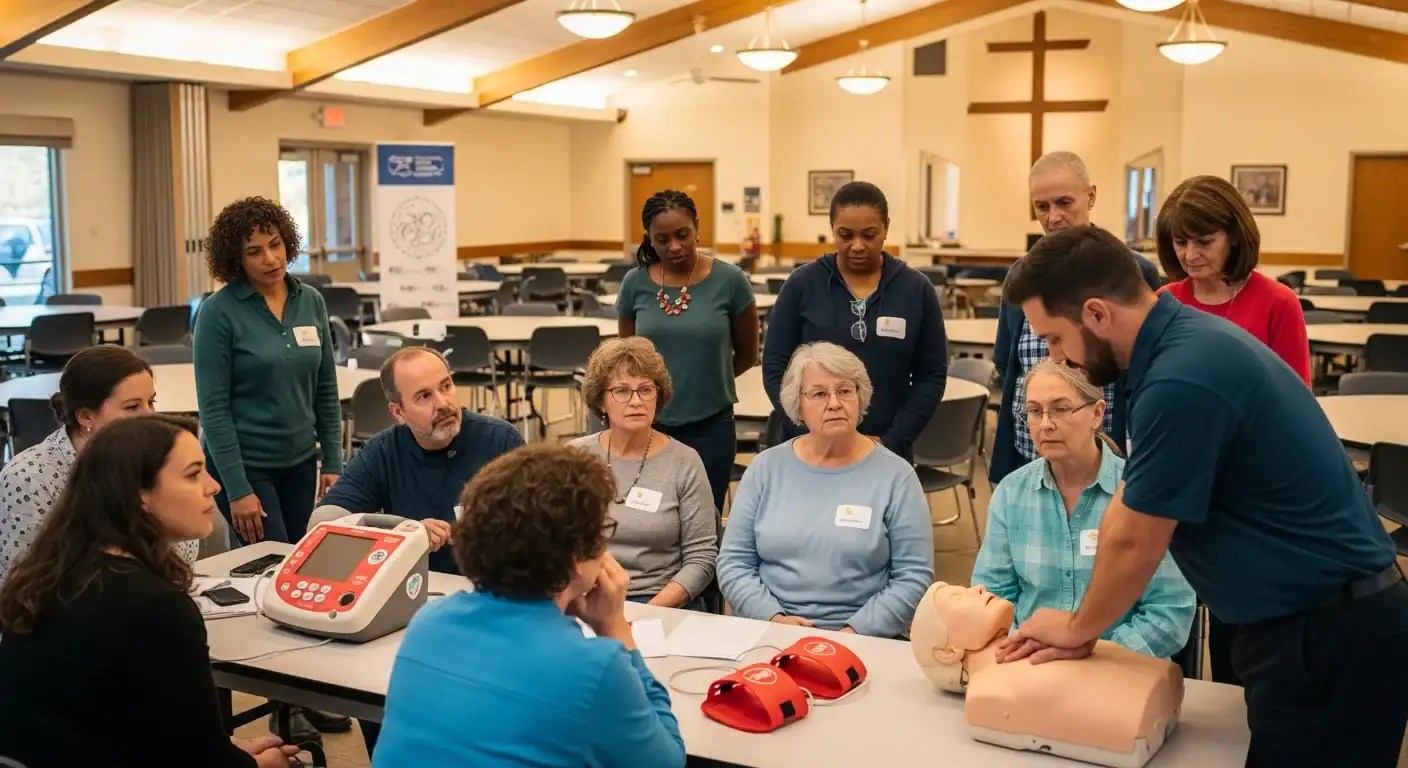 Church volunteers learning CPR and AED training in a fellowship hall with an instructor demonstrating on a manikin