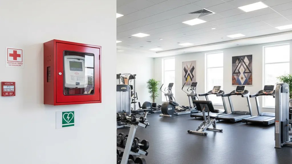 AED defibrillator wall cabinet mounted in a modern gym fitness center with exercise equipment in background