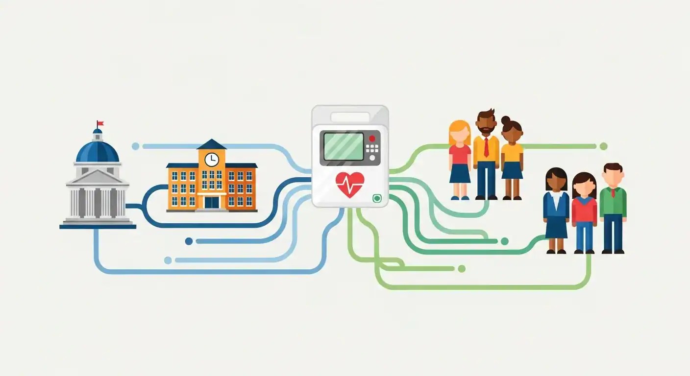 AED funding sources including government grants, corporate programs, and community fundraising for schools and organizations