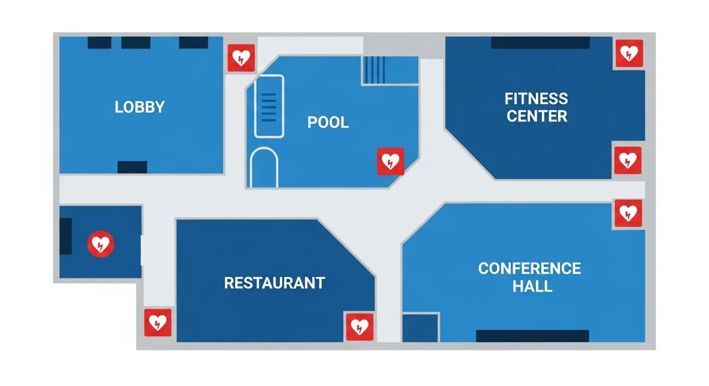 Hotel floor plan showing optimal AED placement locations including lobby, pool, fitness center, and conference hall