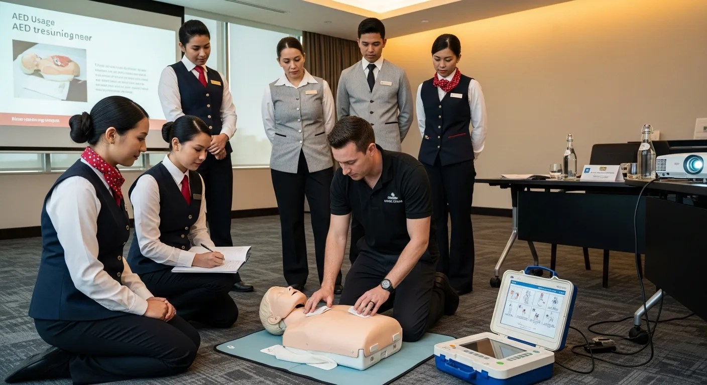 Hotel staff members in uniforms receiving CPR and AED training in a conference room