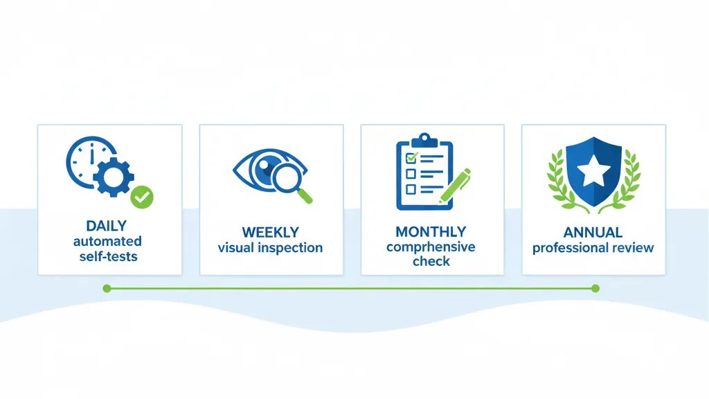 Infographic showing four tiers of AED inspection frequency: daily automated self-tests, weekly visual inspection, monthly comprehensive check, annual professional review
