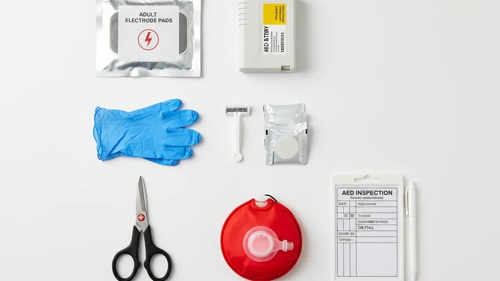 AED maintenance supplies including electrode pads, replacement battery, scissors, nitrile gloves, razor, CPR mask, and inspection tag laid out for a monthly inspection