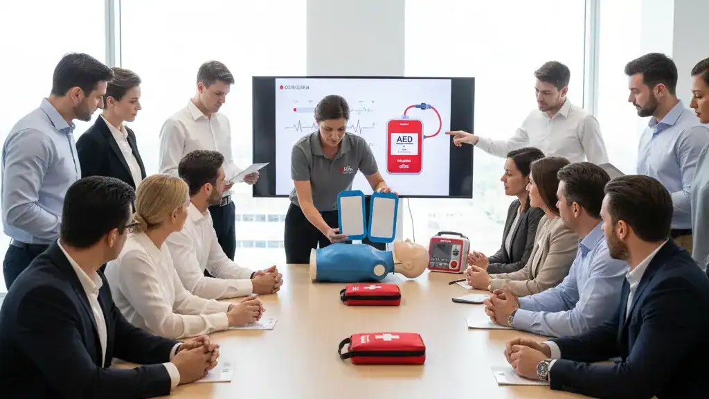 Office workers attending workplace AED and CPR training session in a corporate conference room
