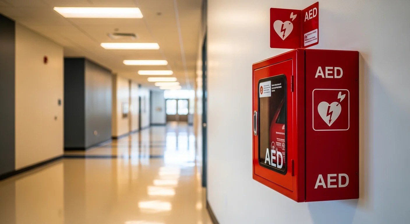 AED defibrillator wall cabinet installed in a school hallway with clear signage
