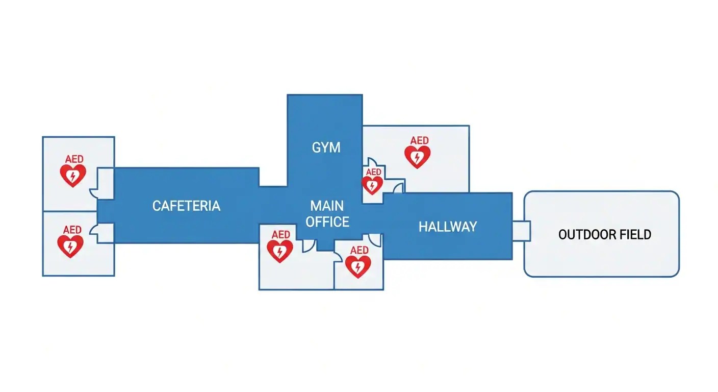 School campus floor plan showing recommended AED placement locations in gymnasium, cafeteria, main office, and athletic fields