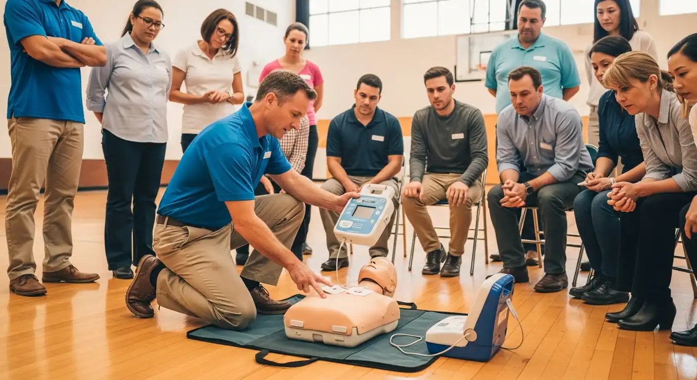 CPR and AED training session in a school gymnasium with instructor demonstrating defibrillator use on a training manikin