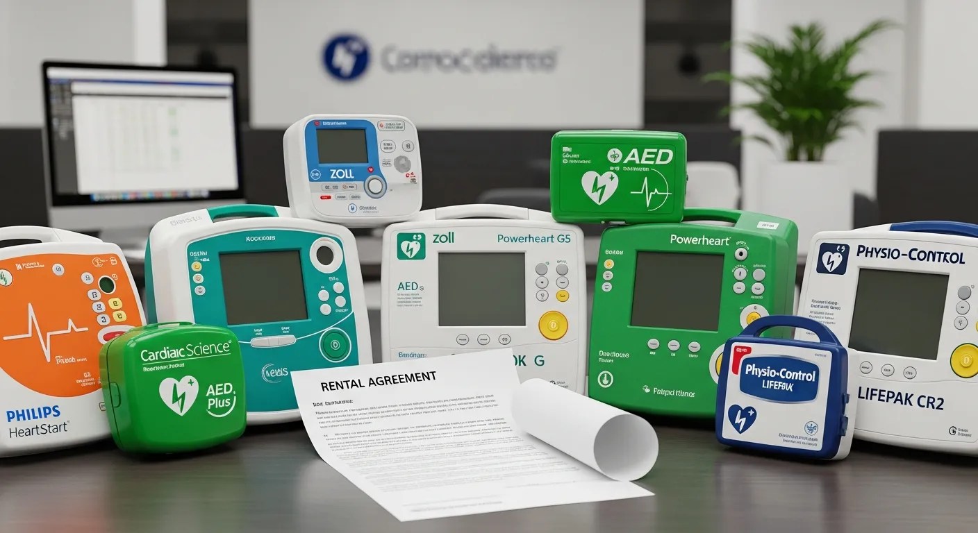 Multiple FDA-approved AED defibrillator devices available for rent from Response Ready with a rental agreement document
