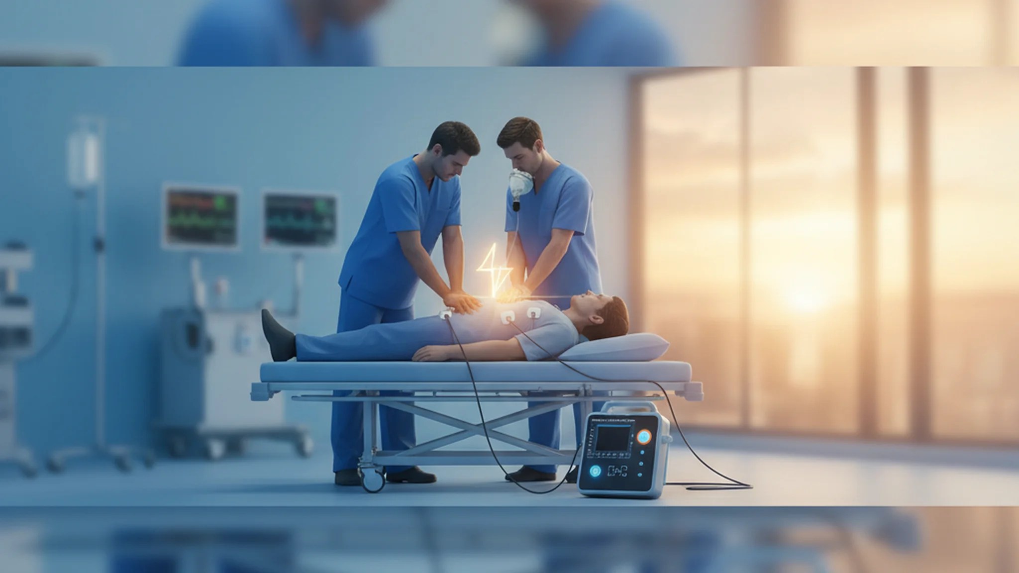 CPR chest compressions and AED defibrillator being used together during a cardiac emergency