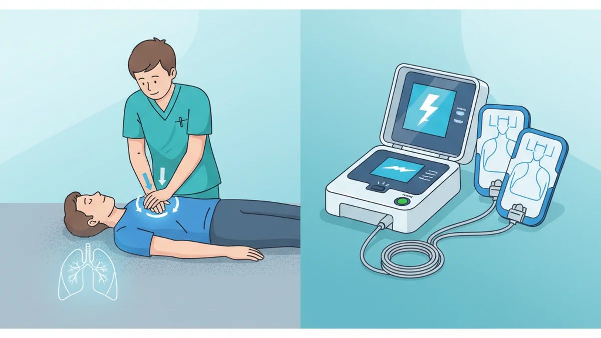 Side-by-side comparison of CPR chest compressions and an AED defibrillator being used during a cardiac emergency