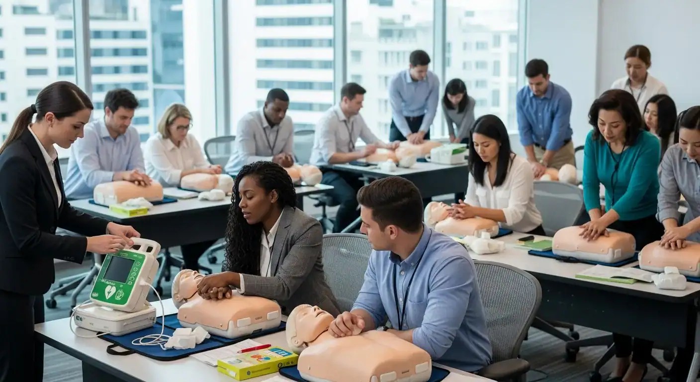 Employees participating in CPR and AED training session in a corporate conference room with training manikin and defibrillator