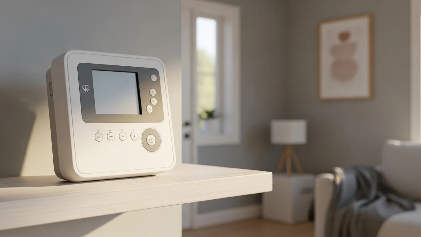 AED defibrillator device on a shelf in a modern family home living room