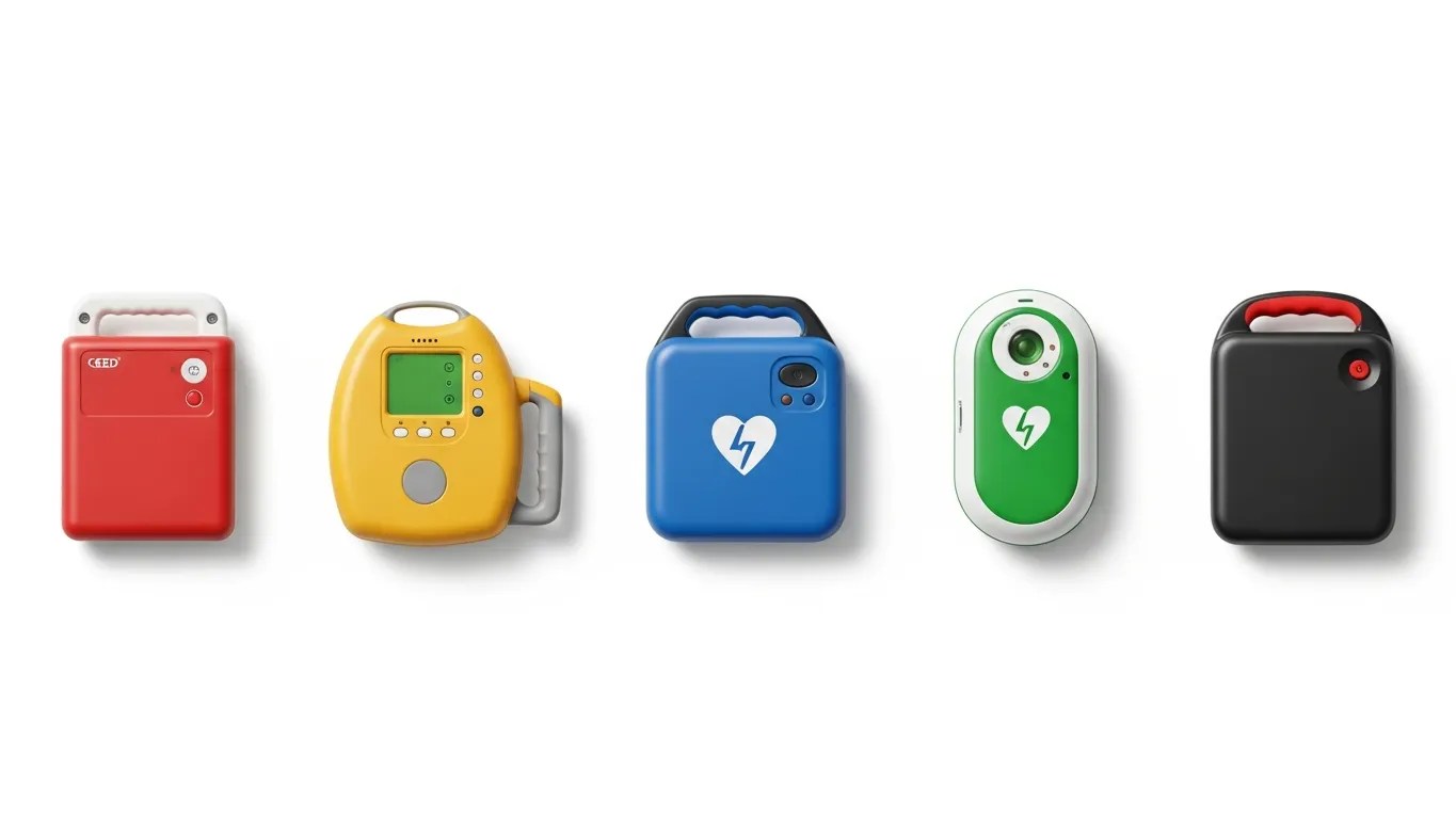 Five personal AED defibrillators compared side by side for home use