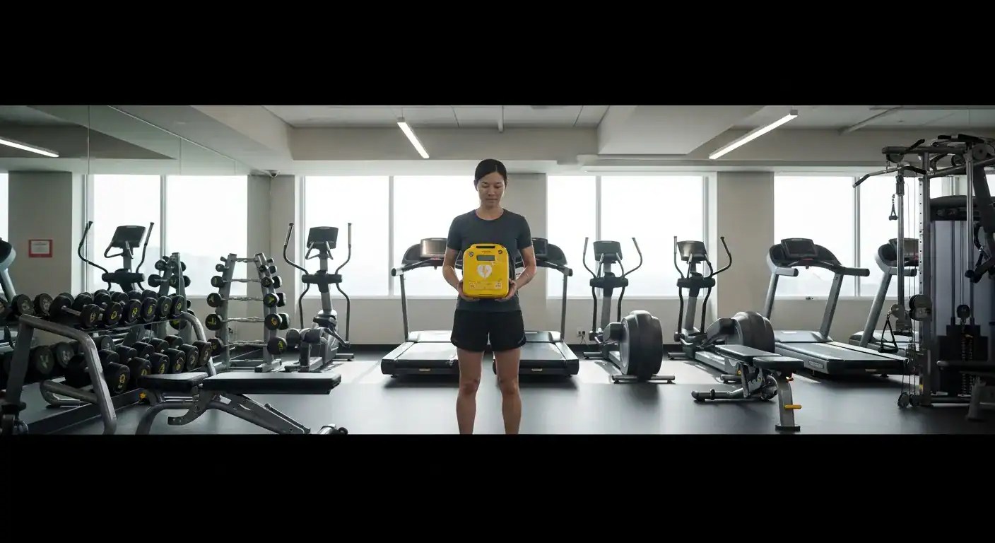 Portable AED device ready for use at a gym and athletic facility