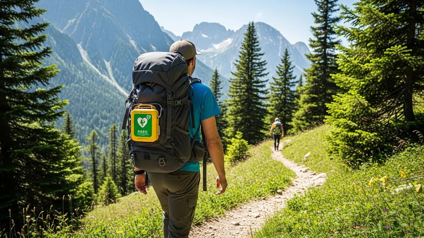 Hiker carrying a portable AED on a mountain trail for on-the-go cardiac emergency preparedness