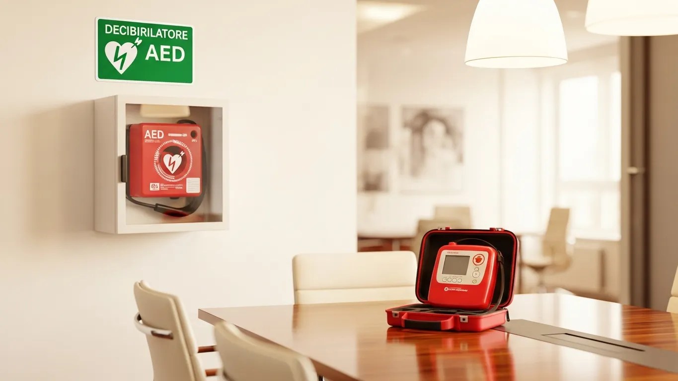 Portable AED in a workplace conference room with wall-mounted defibrillator cabinet