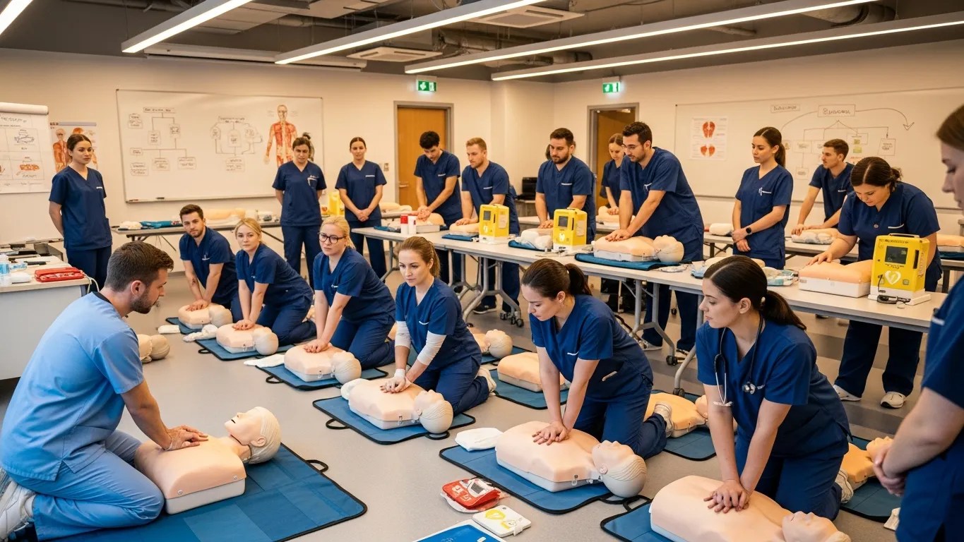 Healthcare professionals practicing BLS and CPR techniques on training manikins in a medical training classroom