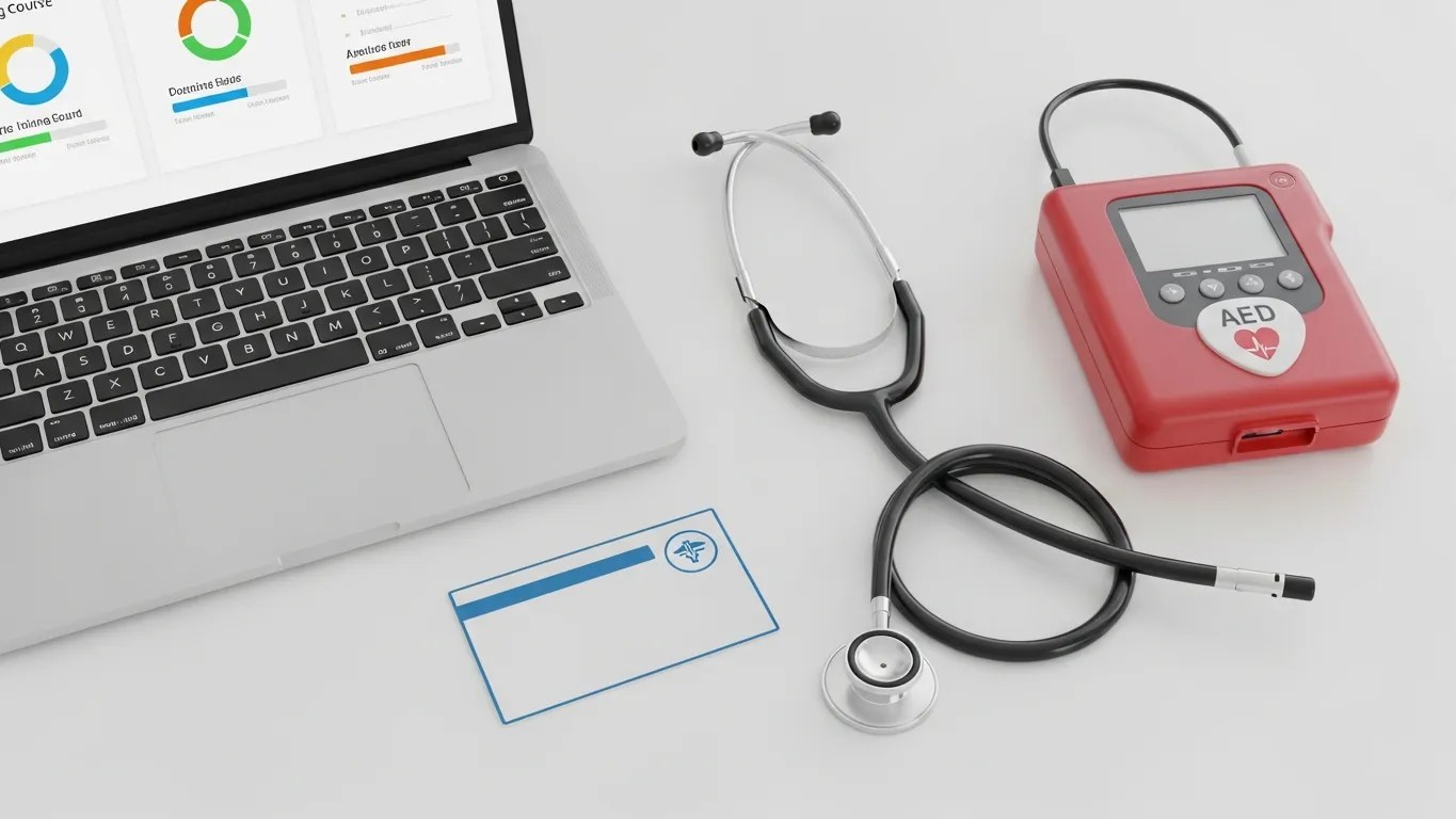Medical certification card with stethoscope and AED device representing BLS and CPR certification options