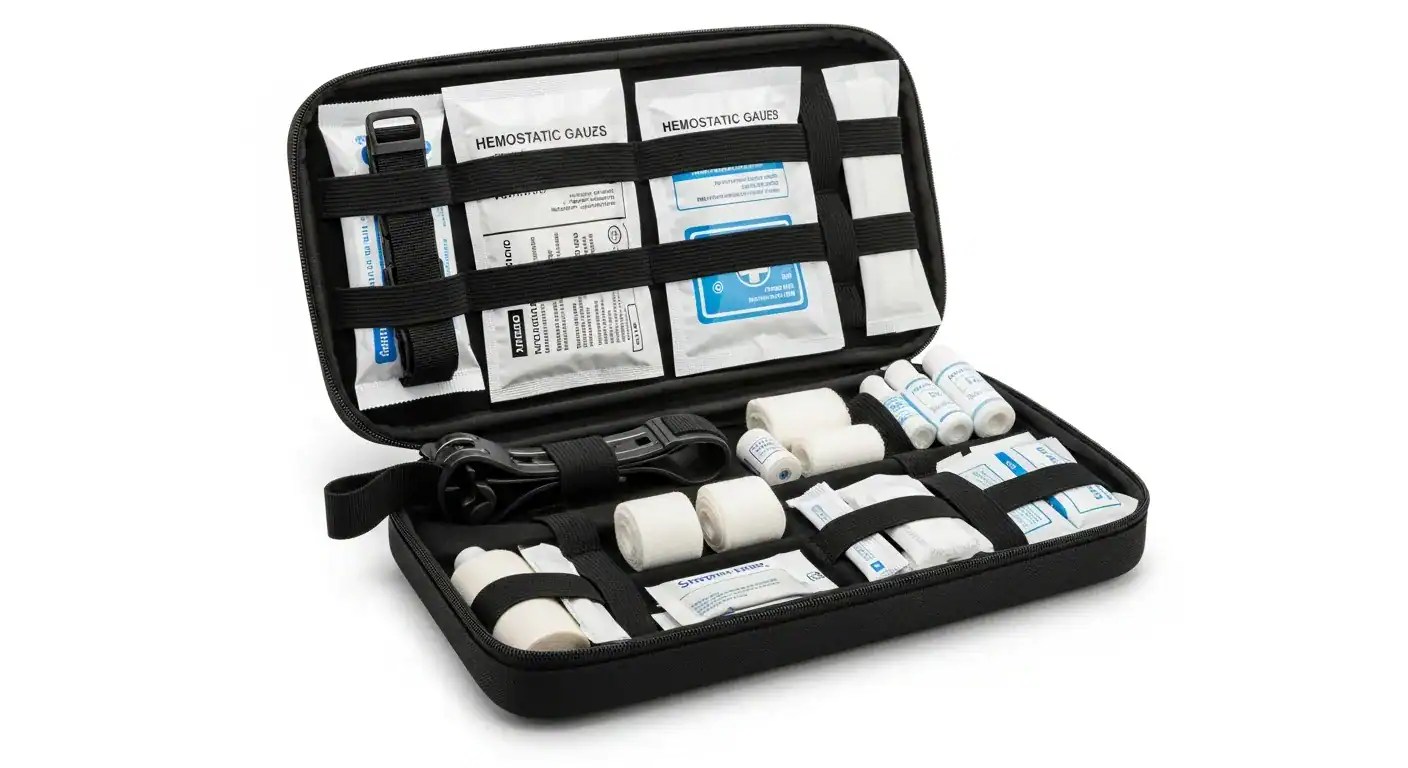 Compact bleeding control and first aid kit open showing tourniquet, hemostatic gauze, bandages, and medical supplies for a bug out bag