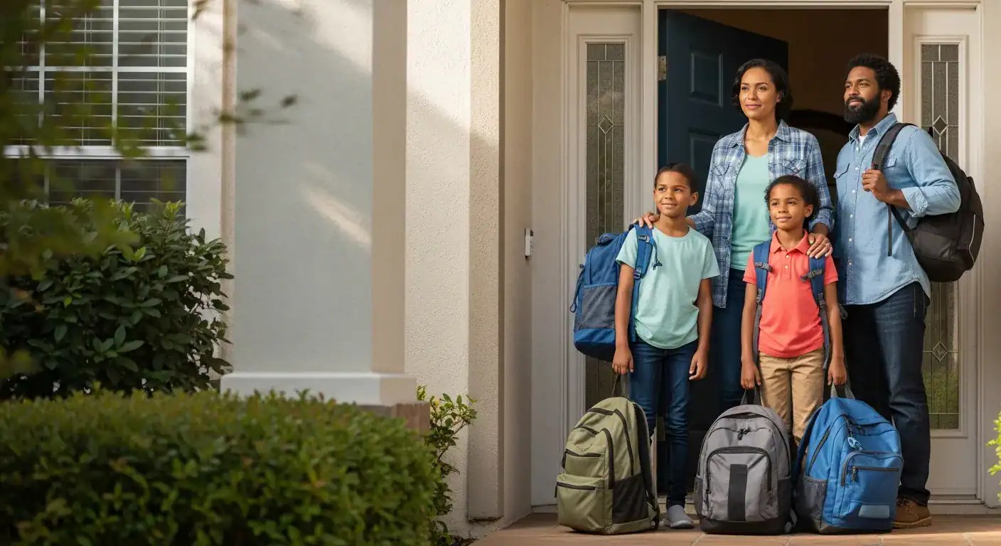 Family of four standing at front door with packed go bags ready for emergency evacuation