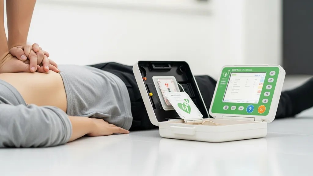 Bystander performing CPR and using a portable AED during a cardiac emergency