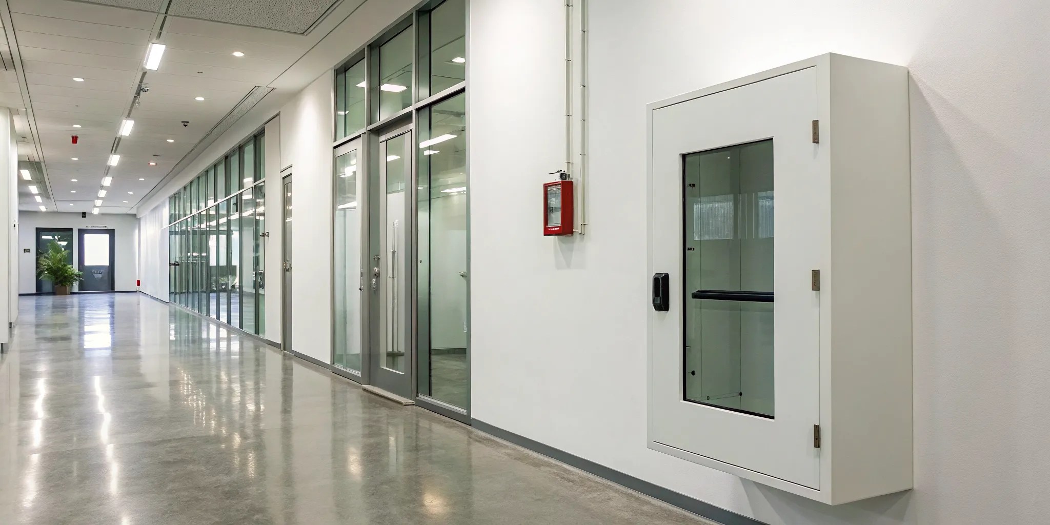 A properly installed AED wall cabinet on a hallway wall for safety and visibility.