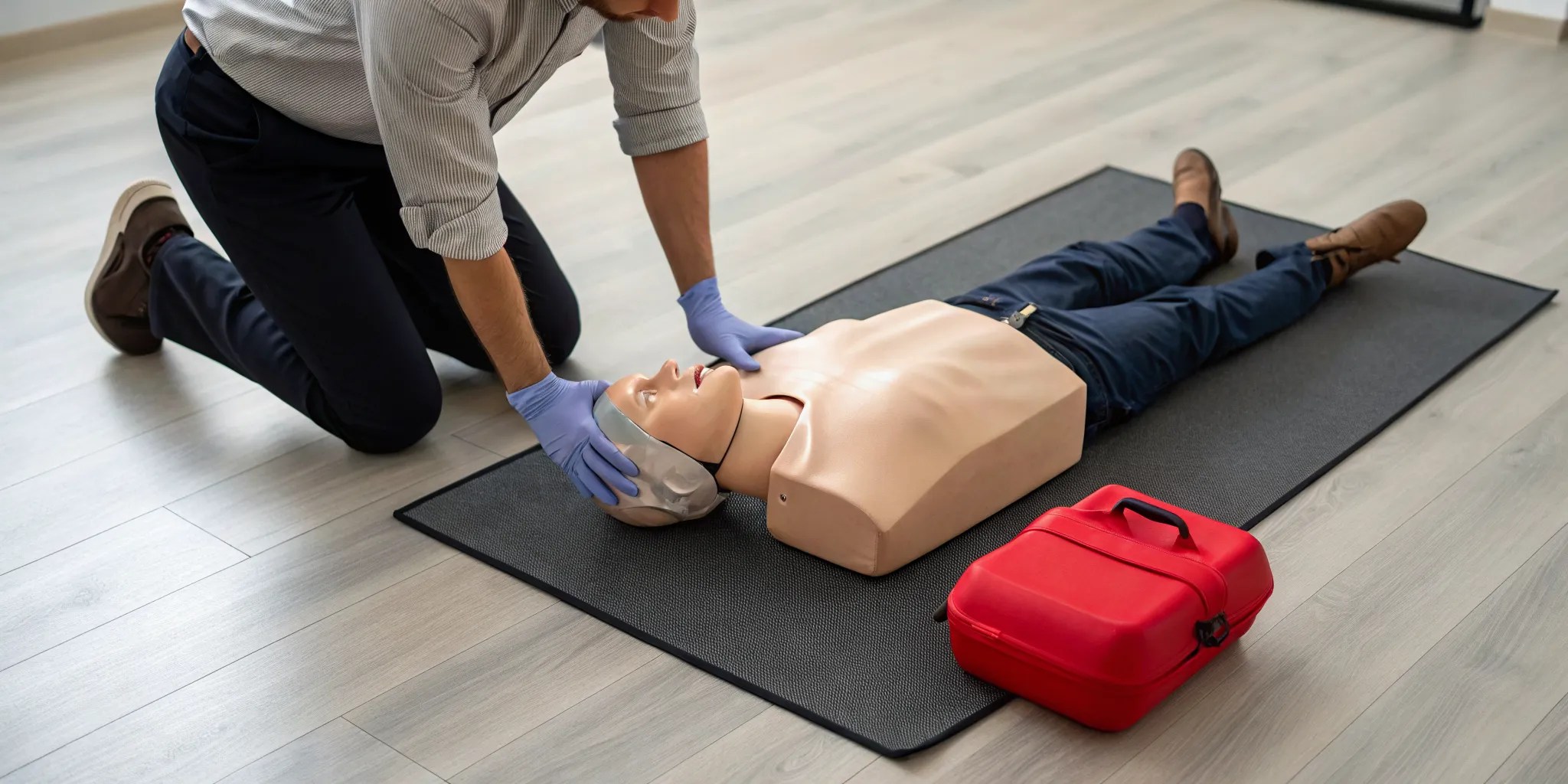 Man practicing on a manikin with an AED for his CPR AED certification.