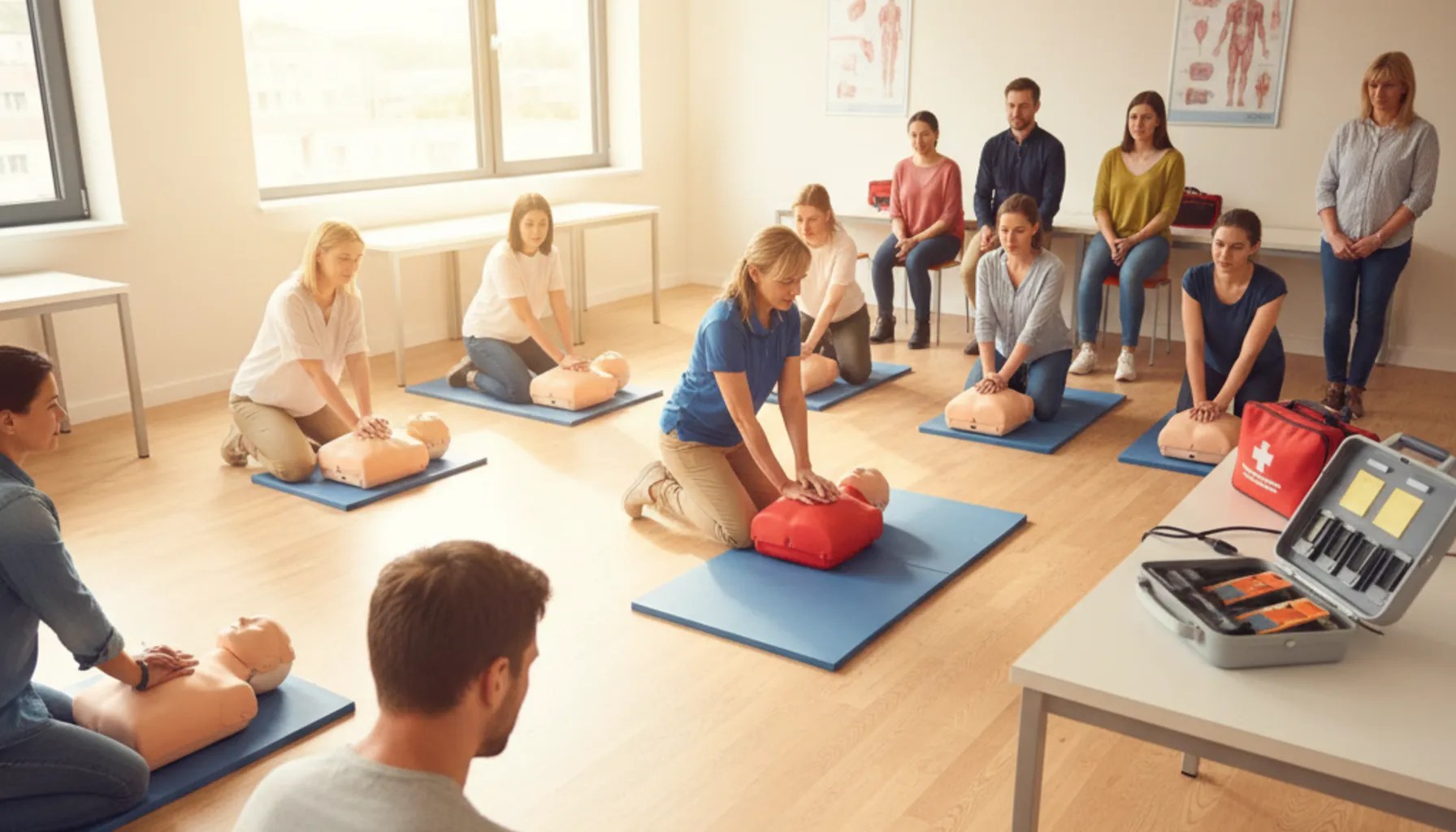 CPR and AED certification training class with instructor demonstrating chest compressions on a manikin
