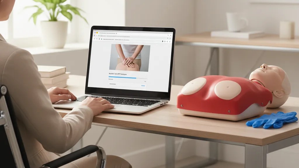Online vs in-person CPR recertification options showing a laptop with training course and manikin