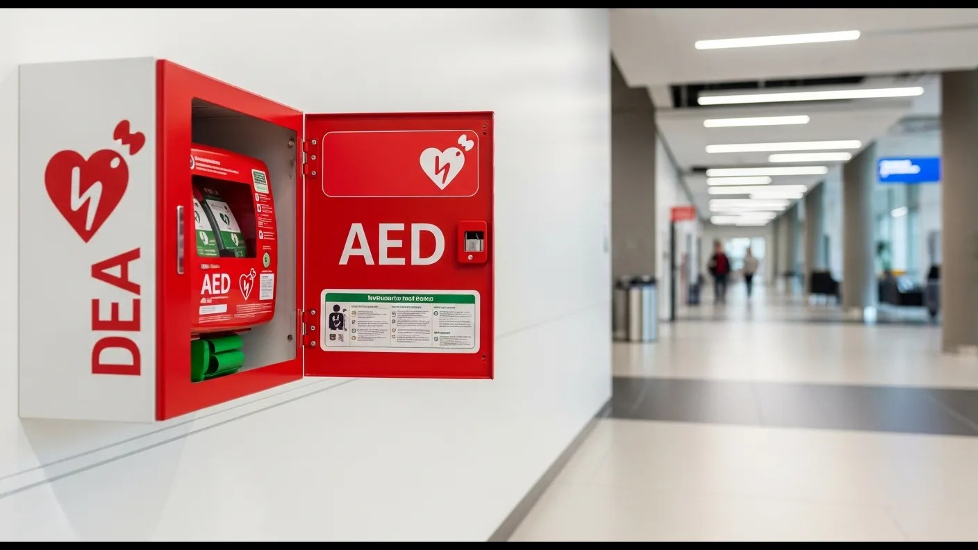 AED defibrillator mounted in a public building hallway ready for emergency use
