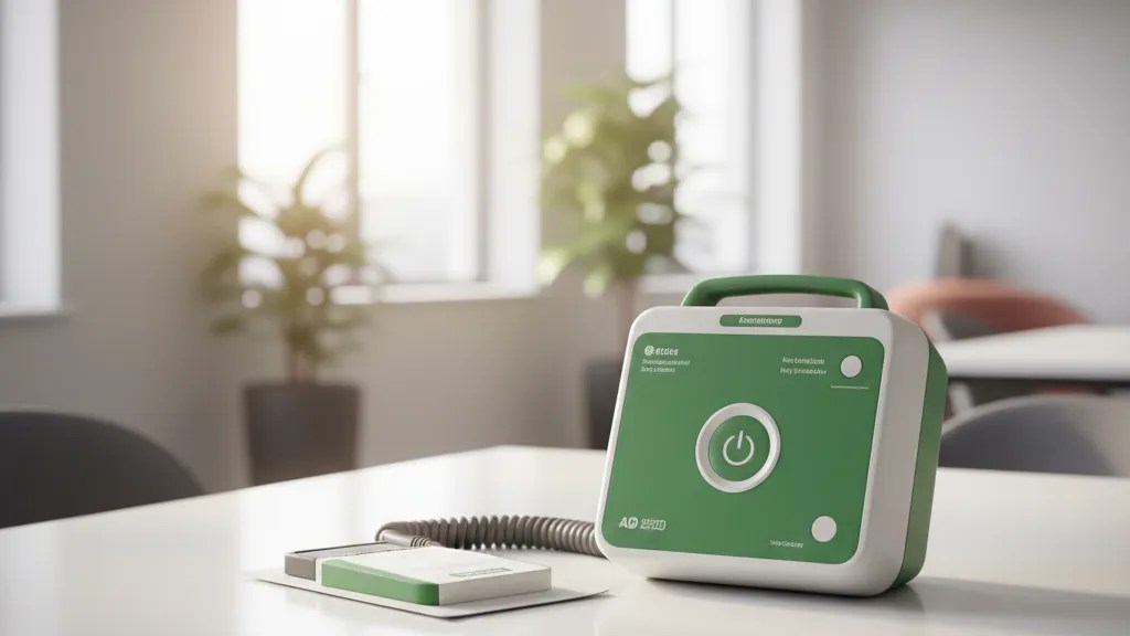 Portable AED defibrillator machine on a desk in a modern office setting ready for cardiac emergency response
