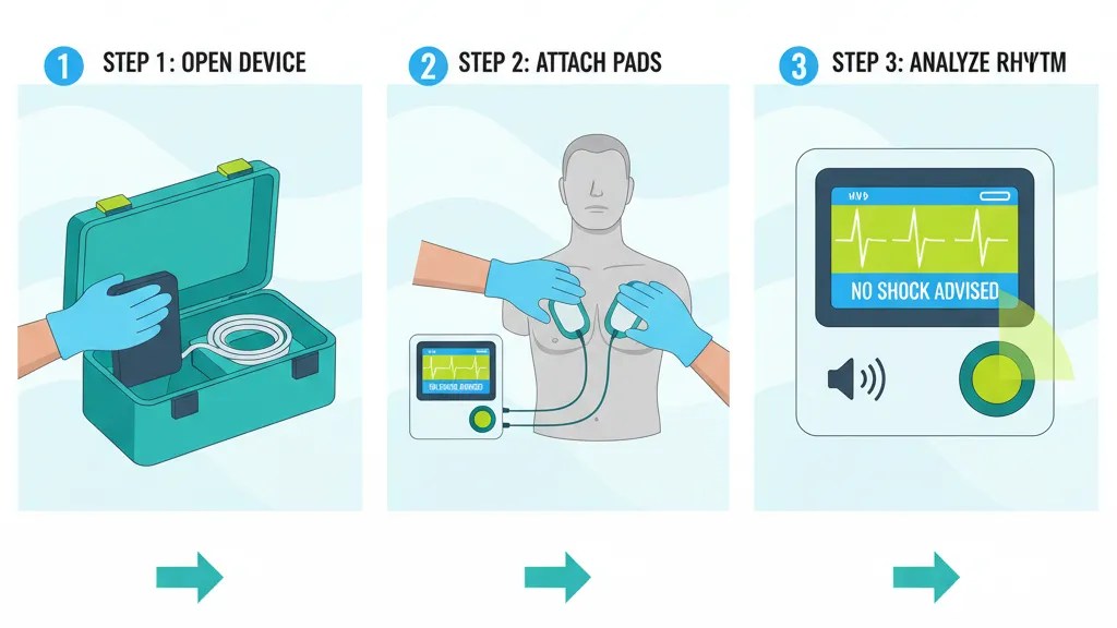 Three-step illustration showing how an automatic defibrillator machine works during a cardiac emergency