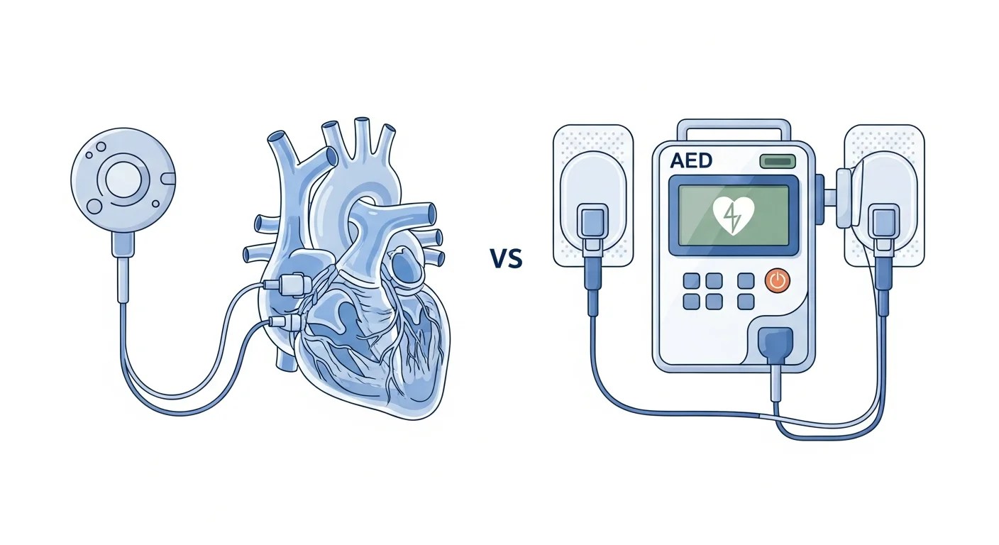 Side-by-side comparison of a pacemaker connected to a heart and a portable AED defibrillator with electrode pads