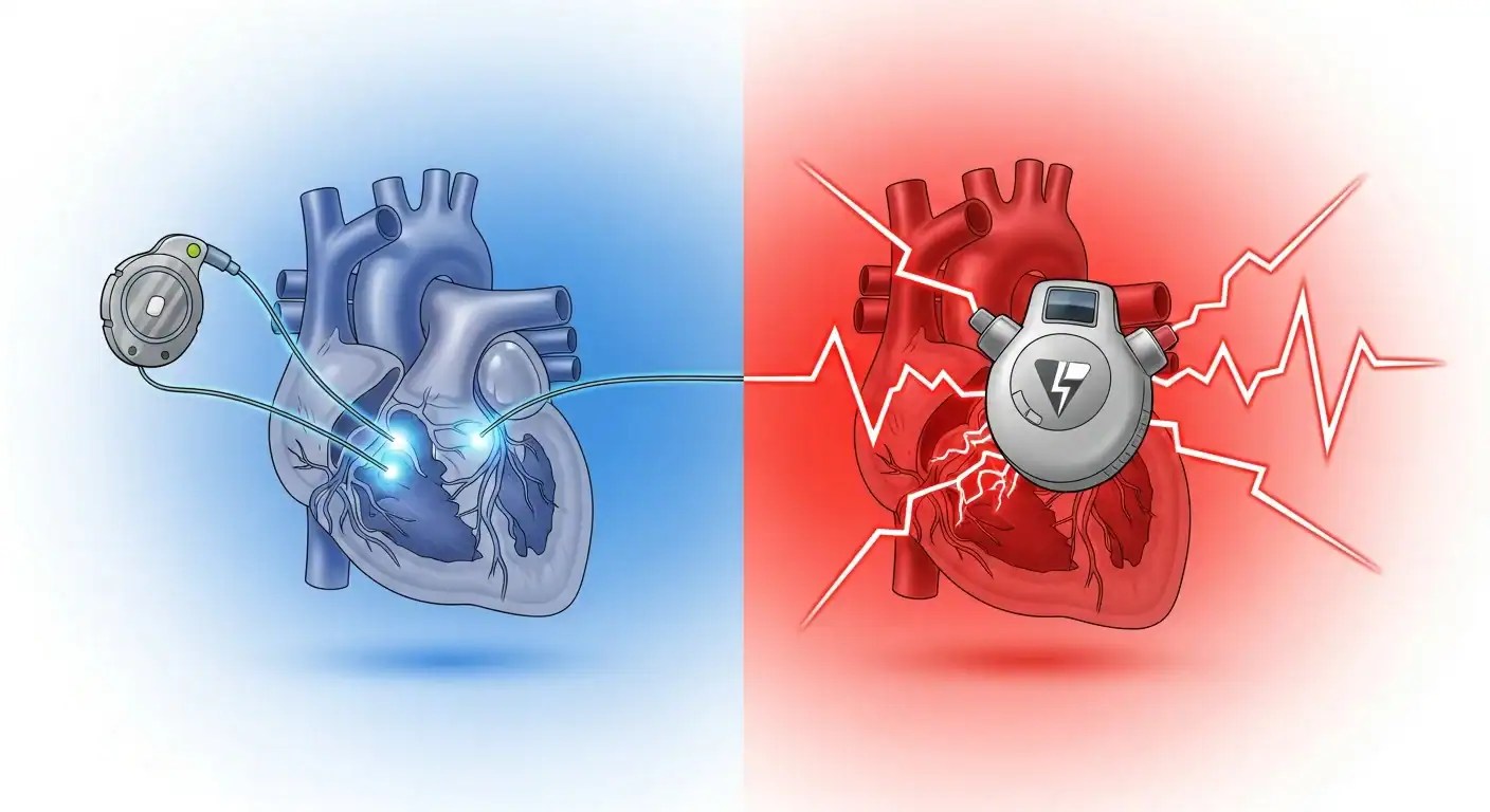 Pacemaker vs defibrillator comparison showing gentle blue pacing pulses on the left and strong red defibrillation shock on the right