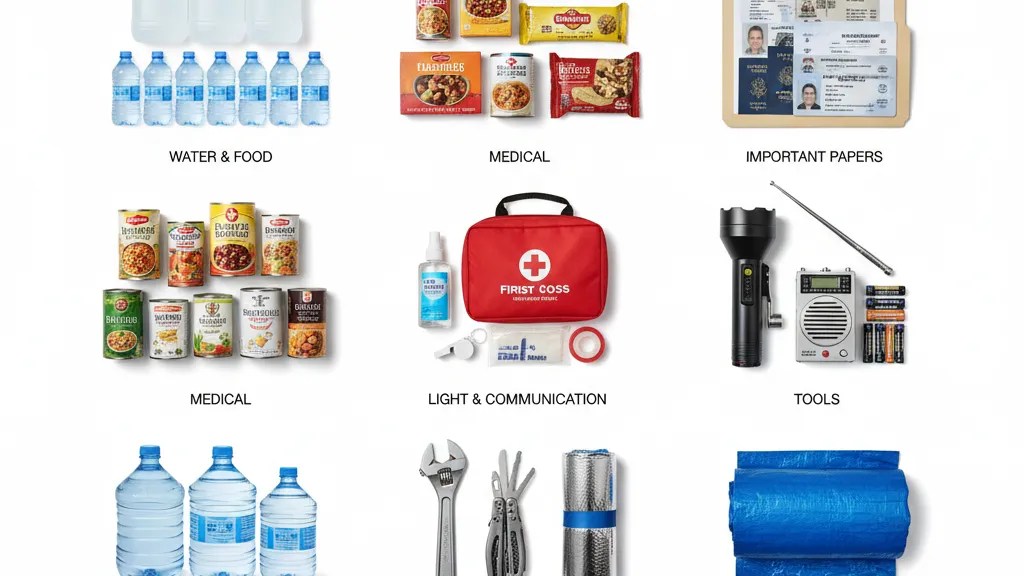 Earthquake emergency kit supplies organized by category including water, food, first aid, tools, and communication equipment