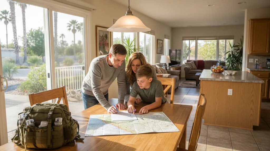 Family reviewing earthquake emergency checklist and packed go-bag in a California home