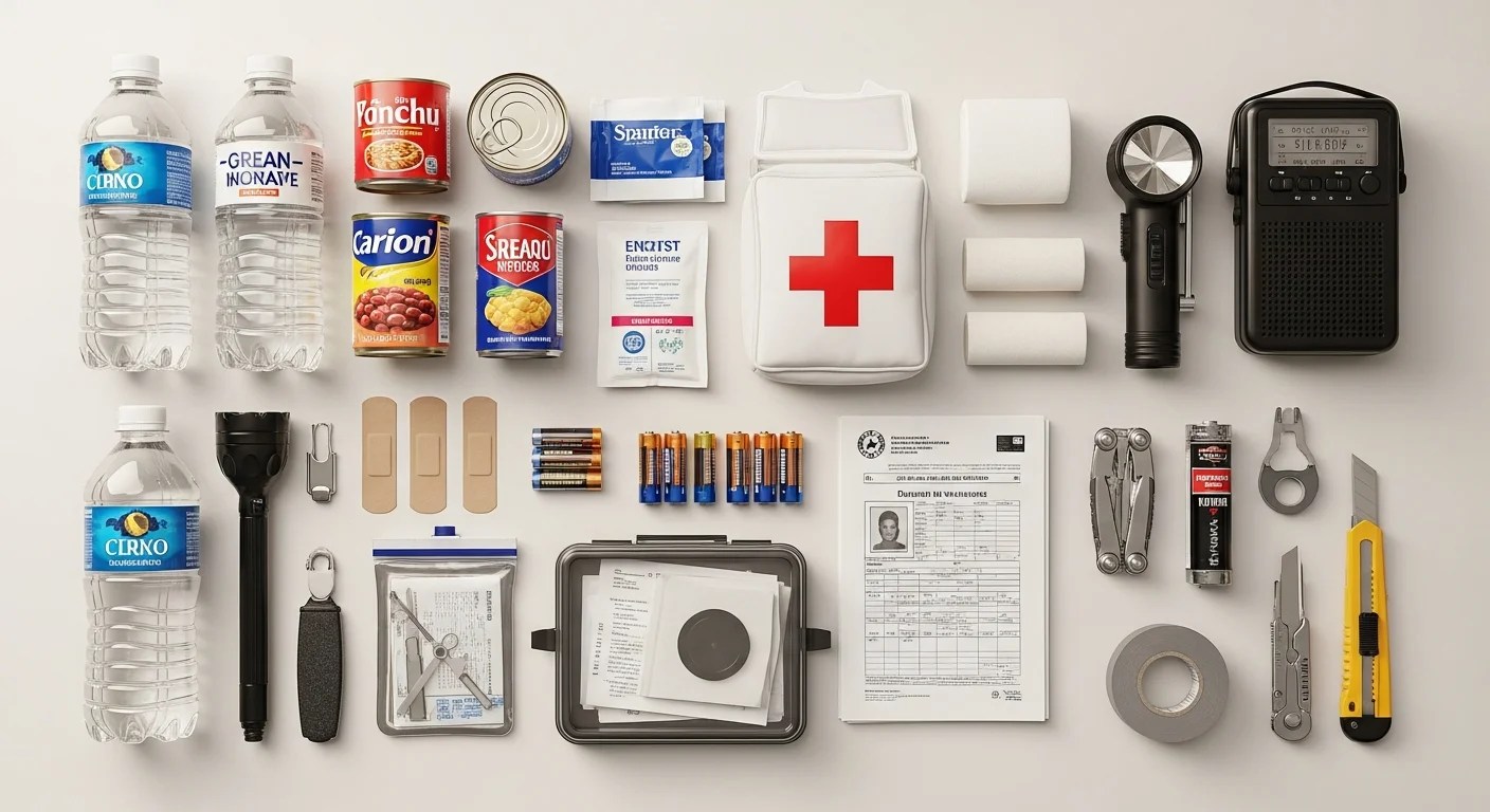 Emergency preparedness kit checklist for 2026 with water, food, first aid supplies, flashlight, radio, batteries, documents, and tools organized on a white surface