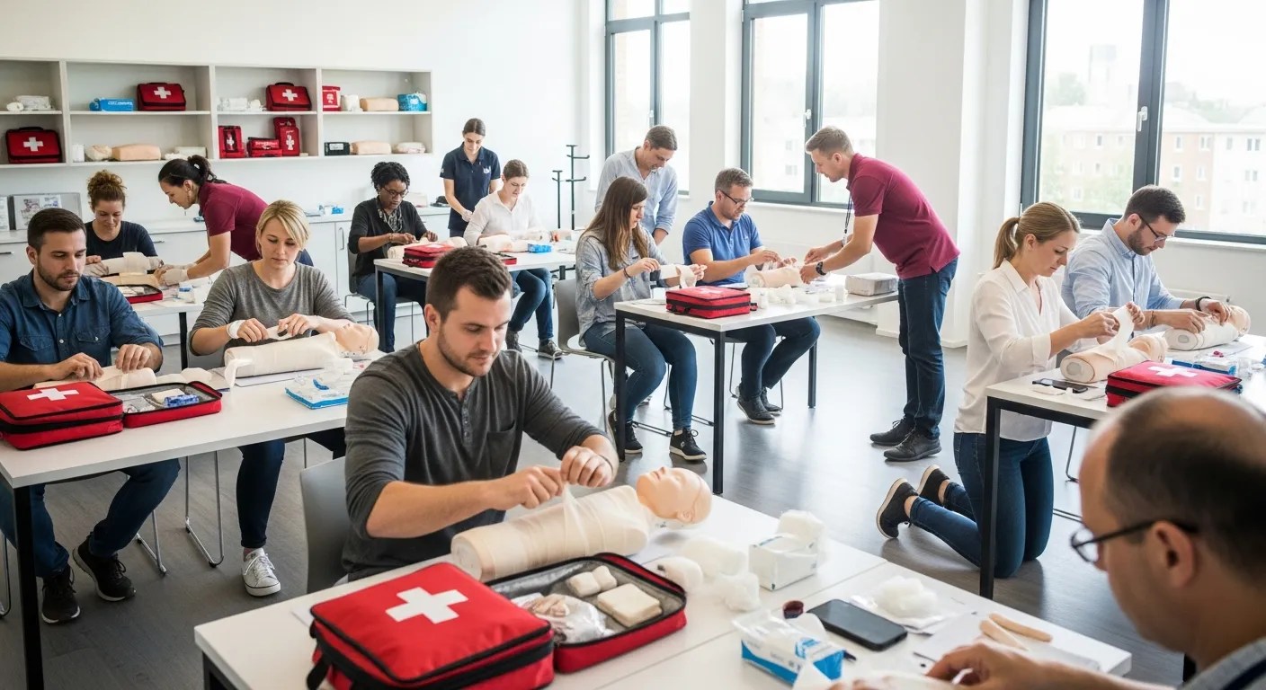 First aid certification training classroom with instructor demonstrating bandaging techniques to a group of adults