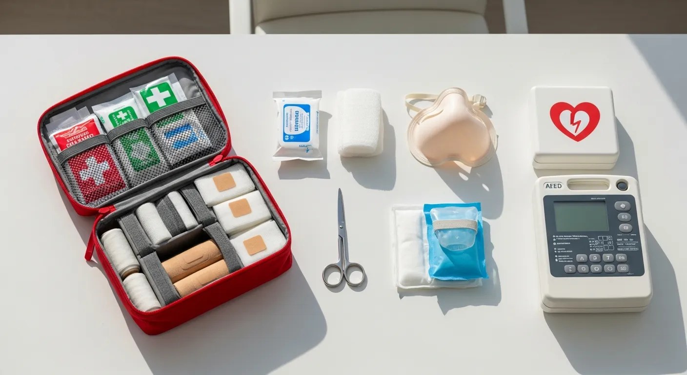 First aid supplies and CPR training materials arranged on a table including bandages gauze and AED trainer
