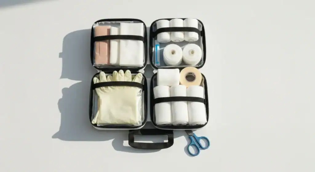 Well-organized first aid kit with bandages, gauze, antiseptic wipes, scissors, and medical supplies laid out for a first aid kit checklist