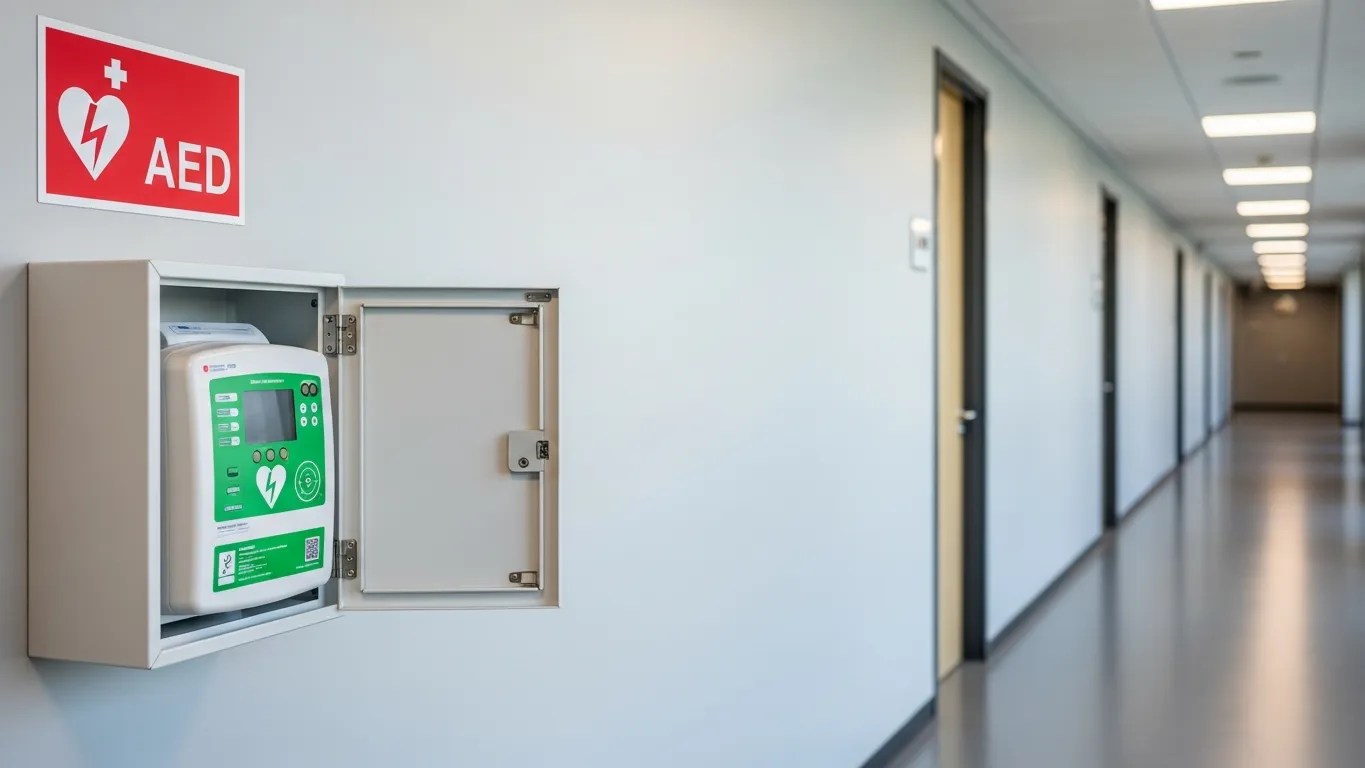 AED automated external defibrillator mounted on a wall in a workplace for emergency use