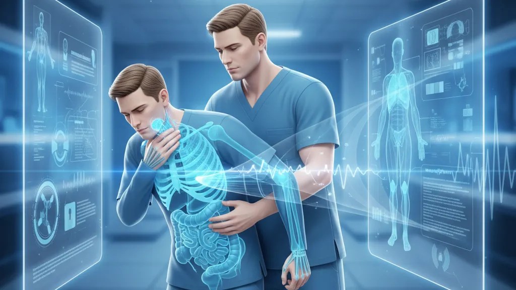 Person performing the Heimlich maneuver abdominal thrusts on a choking adult