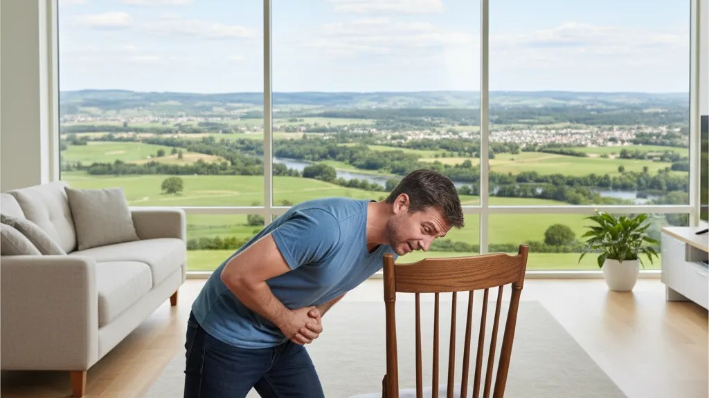 Person performing self-Heimlich maneuver using the back of a chair