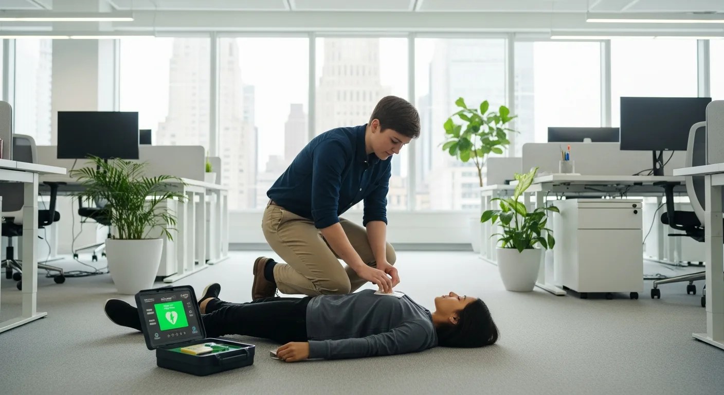 Person using an AED defibrillator on a patient in an office emergency rescue scenario