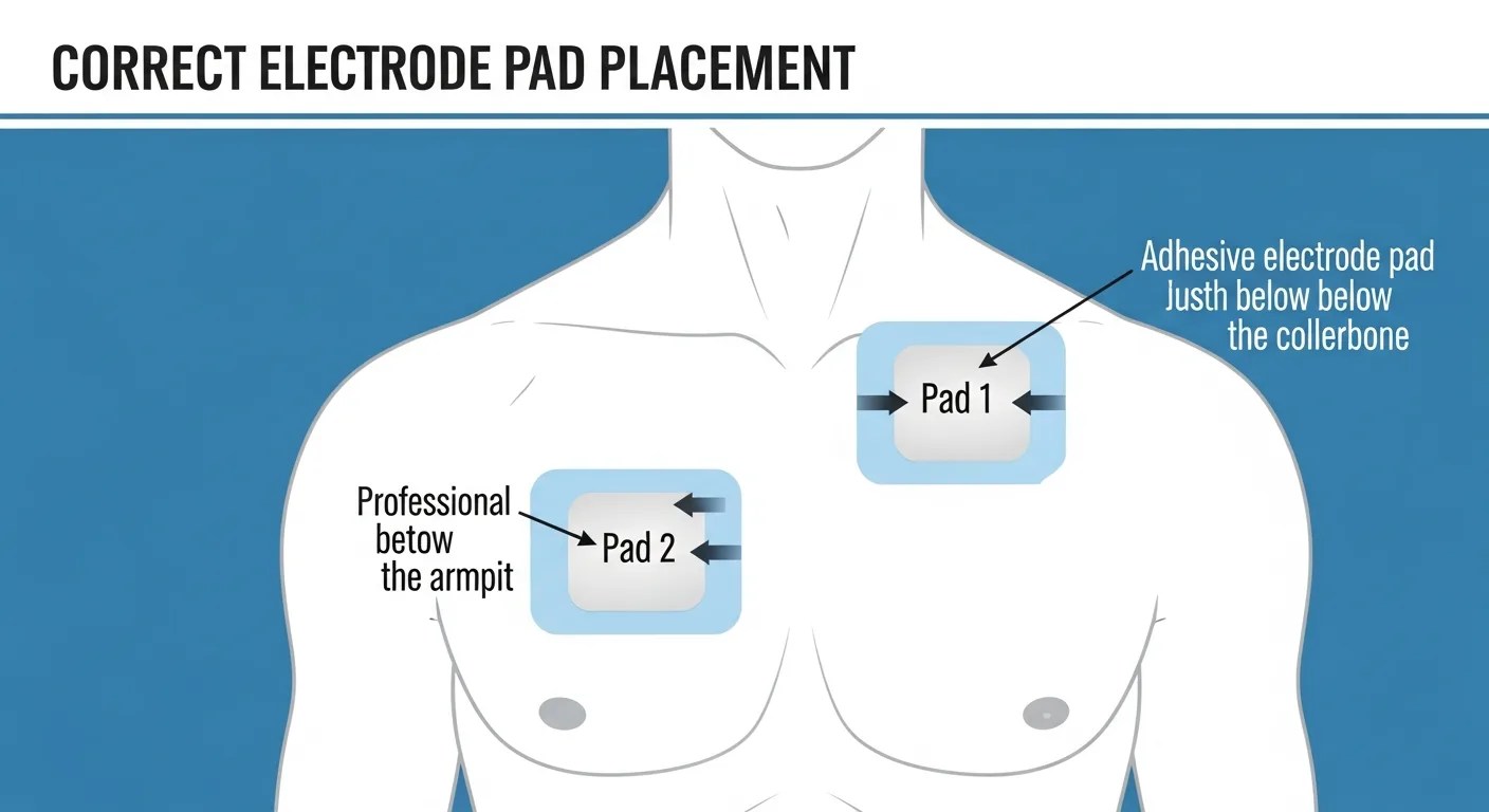 AED electrode pad placement diagram showing correct positions on an adult chest