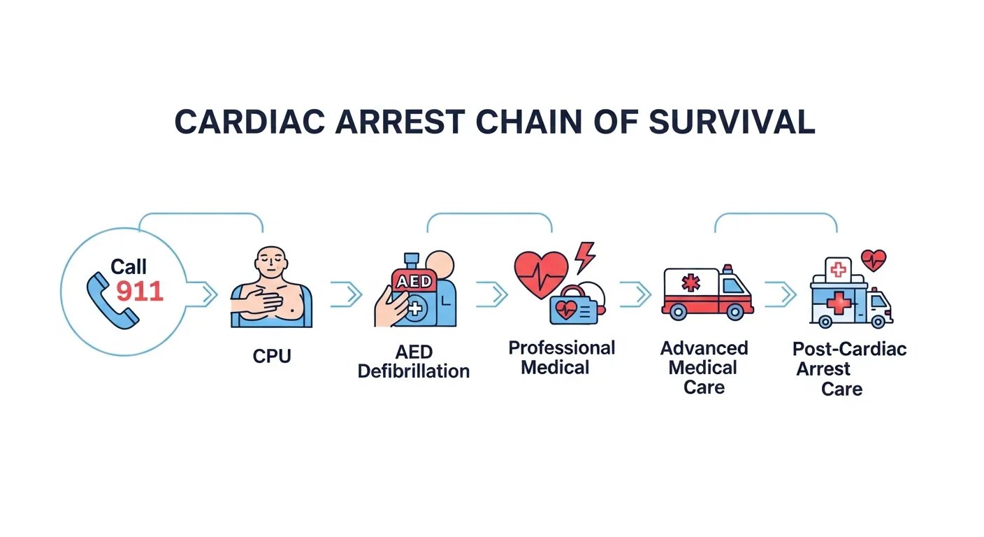Chain of Survival infographic showing the five steps from calling 911 to AED use and hospital care